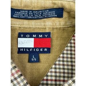 VTG‎ Tommy Hilfiger Men Large Plaid Button Down Shirt Crest Logo Tan Red Green L